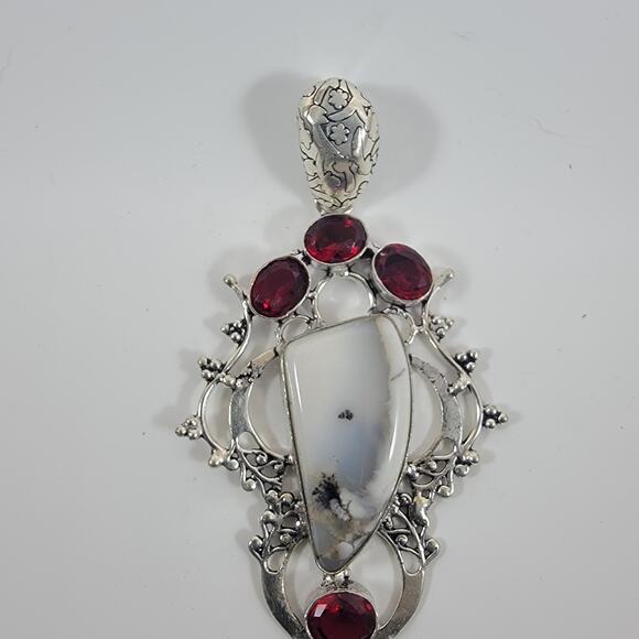 Handmade Silver Pendant with Dendritic Opal & Red Garnet in Ornate Setting - Picture 2 of 10
